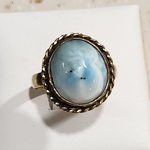 Larimar Size 6 Ring Ocean Sky Blue Cabochon Vintage Sterling Silver Rope Edging - Picture 12 of 12